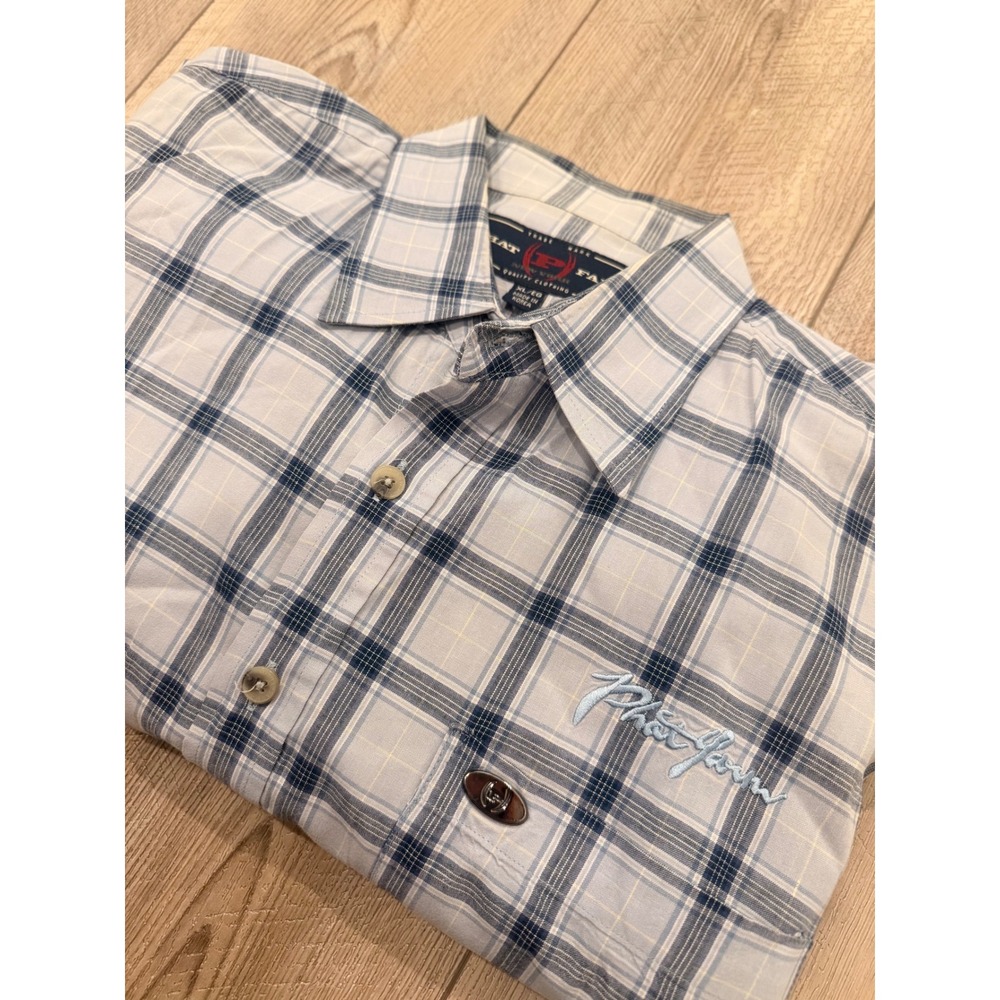 Phat Farm Mens XL Short Sleeve Plaid Button Up Shirt Blue White Y2K Streetwear